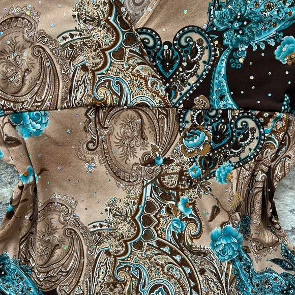 VTG Paisley floral sequin rhinestone 90s y2k boho v neck 3/4 sleeve‎ top M - Picture 4 of 6